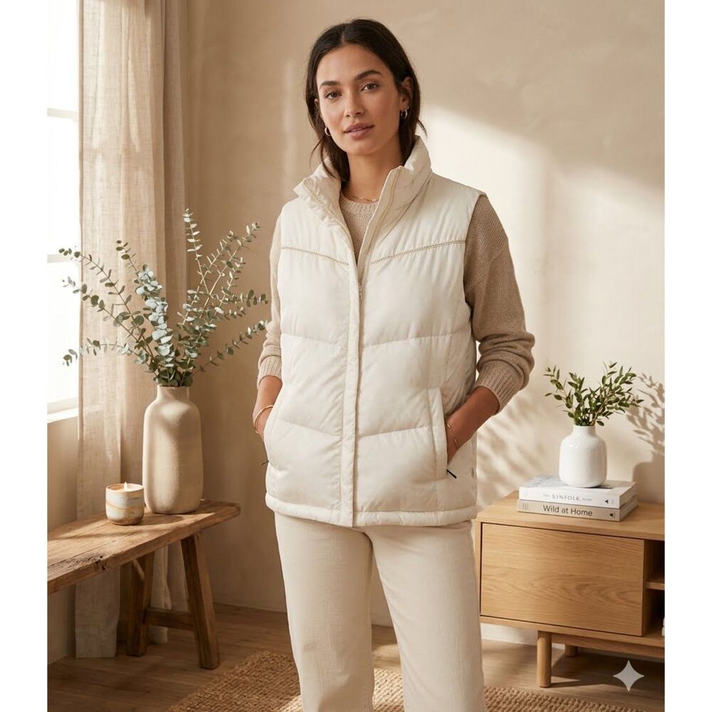 Columbia Puffer Vest Womens L Pearl White Down Feather Insulated Full Zip